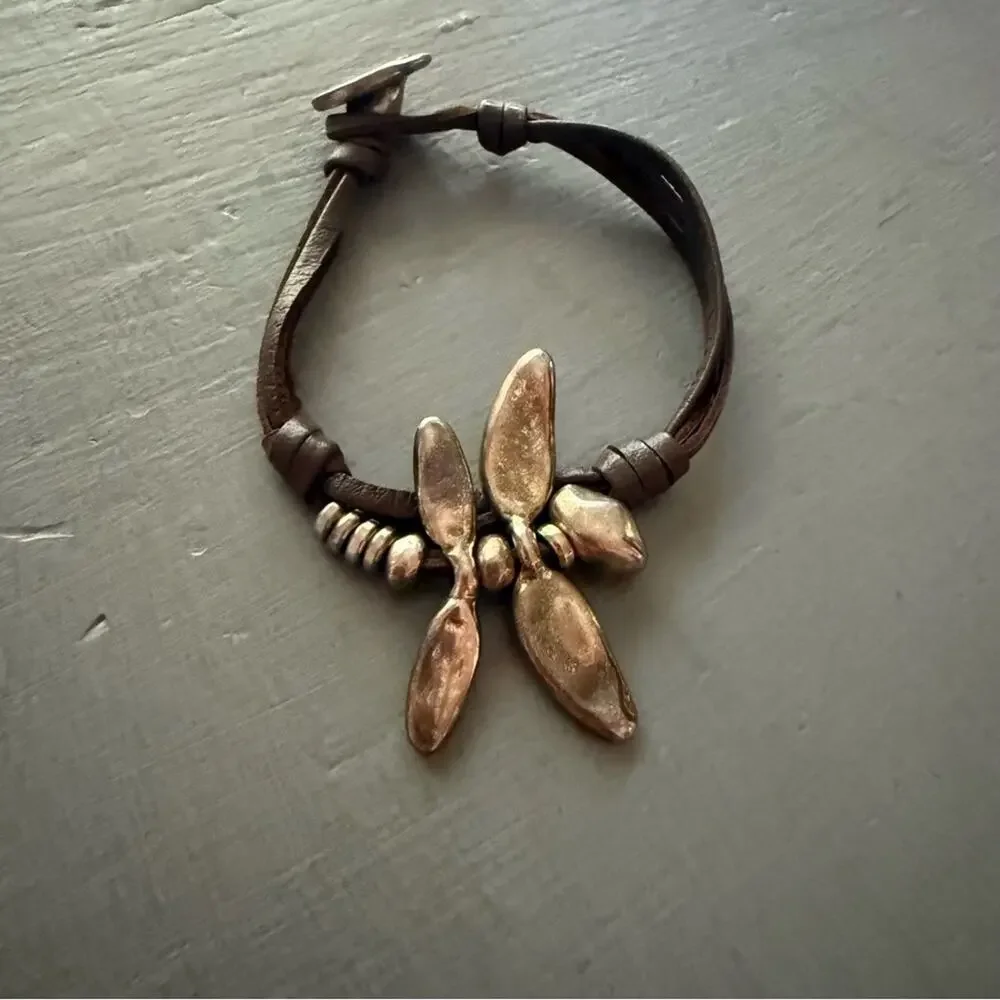 Uno de 50 Brown Leather Silver Dragonfly Bracelet